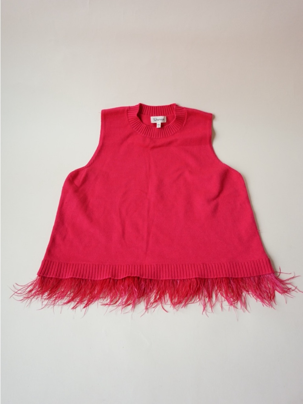 52Seven Pink Sleeveless Knit Top with Feather Trim Hem - Size XXL